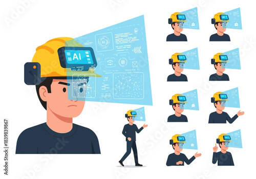 Man wearing virtual reality headset interacting with digital interface and data.