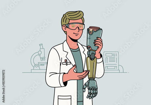 Scientist examines a prosthetic arm with advanced technology in a laboratory.