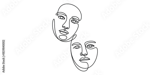 Minimalist continuous line art drawing of two faces, abstract portrait
