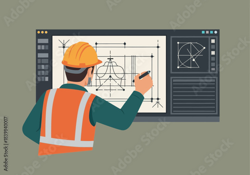 Engineer reviews blueprint on a digital screen, wearing hard hat and vest.