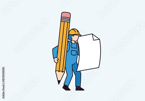 Person in hard hat carrying large pencil and paper.