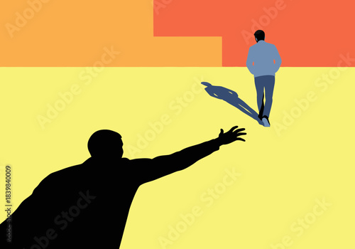 Silhouette reaching towards a distant figure with a shadow.