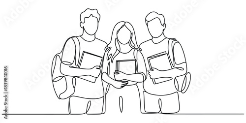 One line drawing of three students with backpacks and books