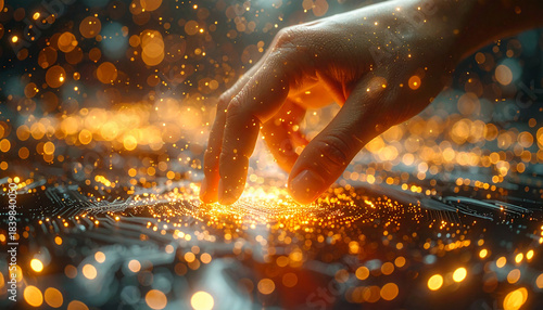 Reaching for Innovation: A human hand gently interacts with a complex, luminous technological surface, symbolizing the touch of innovation and connection.