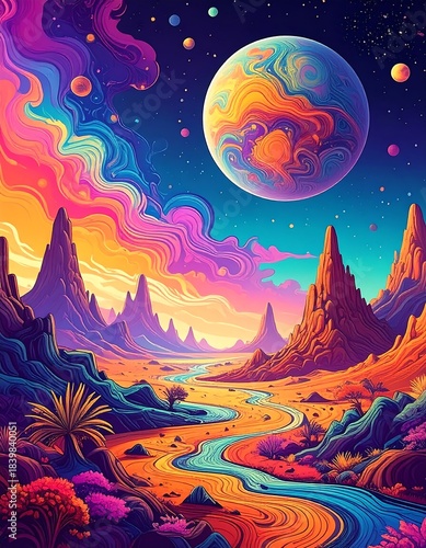 Surreal illustration of a colorful alien landscape and vibrant skies