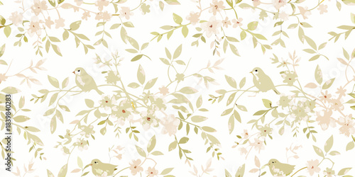 Delicate floral pattern featuring small birds perched on blossoming branches