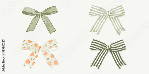 A collection of hand drawn style decorative ribbon bows in various patterns