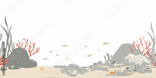 Submerged underwater scene featuring rocks coral and small fish