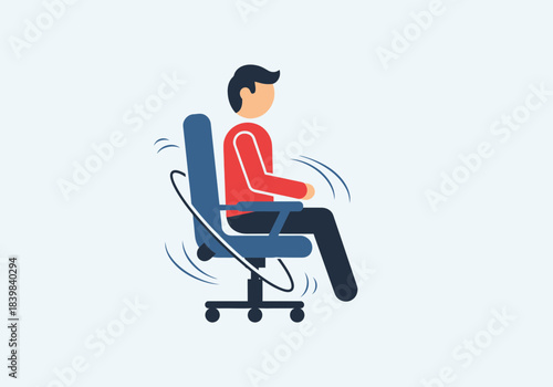 Man sitting in office chair with swirling motion lines.