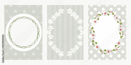 Three decorative frames with floral and patterned backgrounds soft pastel tones