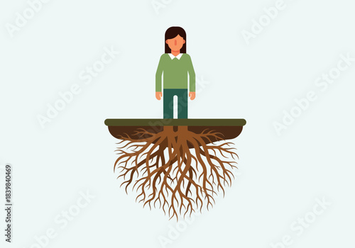 Person standing on earth with large root system below.