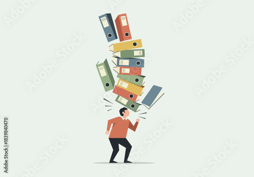 Man struggling with a large, falling stack of binders.