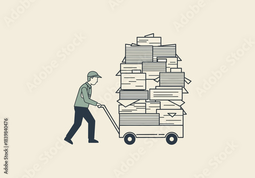 Man pushing a cart overloaded with boxes and packages.