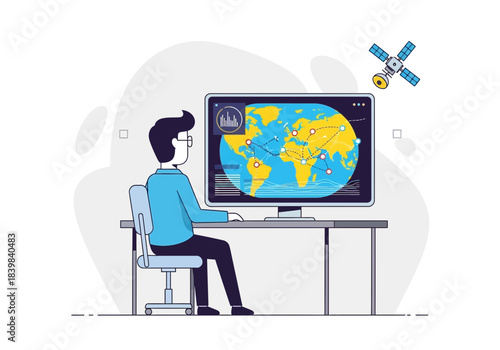 Person at desk viewing world map on computer screen with satellite.