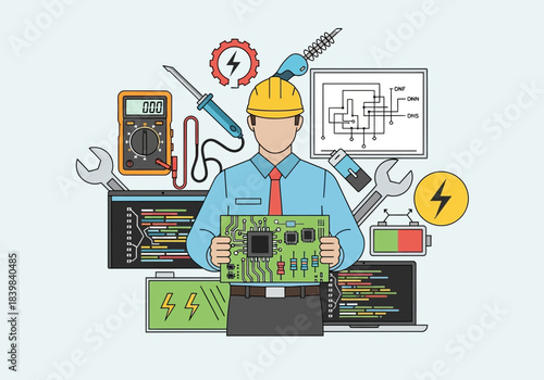 Technician holding circuit board with tools and electronic equipment.