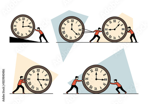 People push and pull large clocks, illustrating effort and time management.