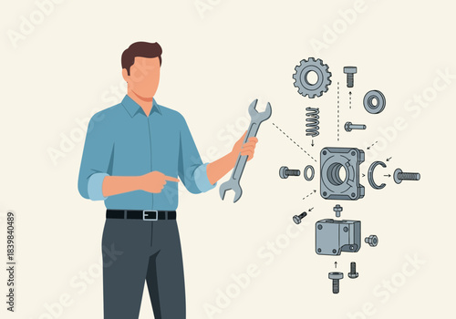 Man with wrench points to exploded view of mechanical assembly.
