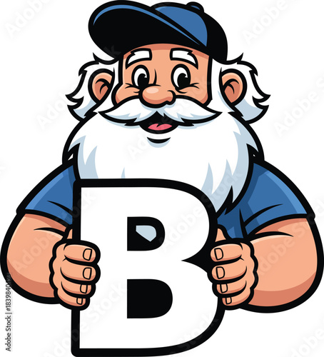 Friendly cartoon mascot of an old man with a white beard and blue cap smiling while holding a large letter B.