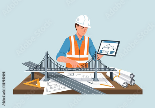 Engineer with bridge model and plans using tablet for construction project.