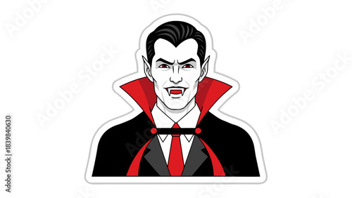 Pixelated Portrait of a Vampire Character with Red Eyes and Fangs Wearing a Black Cape and Red Tie on a Black Background