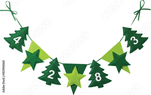 Green felt Christmas advent banner with numbered trees and stars hanging on a string.