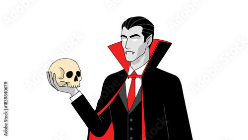 Pixel Art Vampire Character Holding a Skull Dramatic Lighting Black Red White and Gray Tones Gothic Theme Dark Background Mysterious Atmosphere