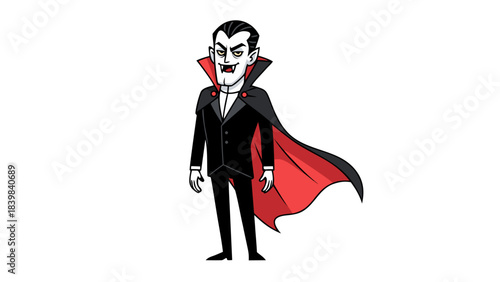 Pixel Art Vampire Character in Black Suit and Red Cape Halloween Character with White Skin Sharp Teeth and Dark Hair Against Black Background