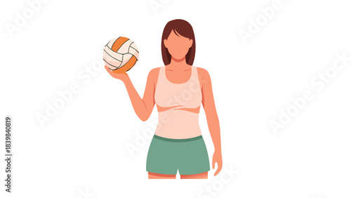 Pixel Art Woman Holding Volleyball Wearing Tank Top and Shorts Prepared for Beach Volleyball Game Isolated on Black Background