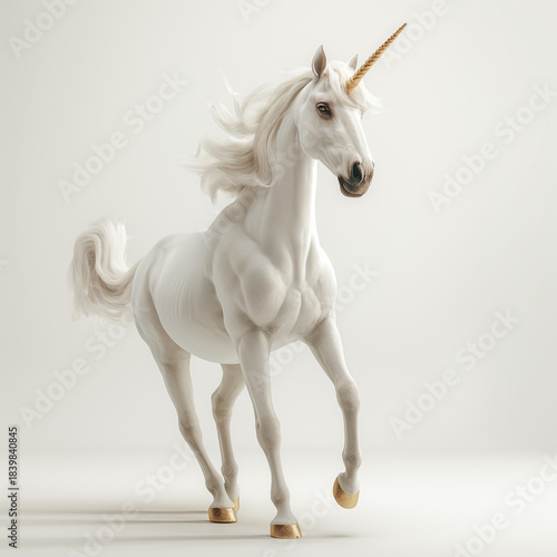 White unicorn running on light background with golden horn and hooves