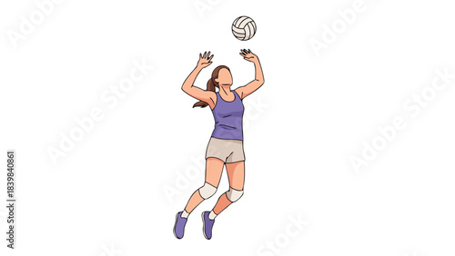 Pixelated Athletic Woman in Purple Tank Top and White Shorts Serving Volleyball in Mid Air with Determined Expression on Isolated Black Background