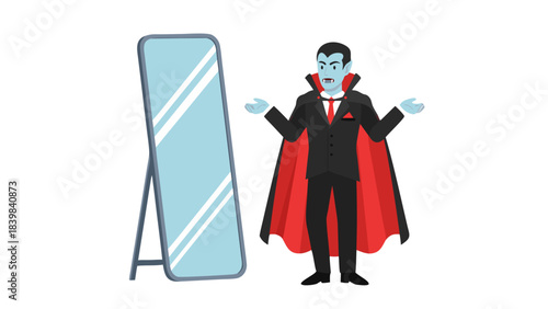 Pixelated blue vampire in a black suit and red cape stands confusedly in front of a tall mirror with a light blue reflection against a black background during nighttime