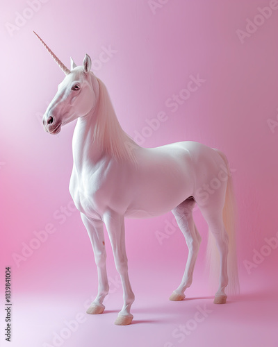 White unicorn standing in soft pastel light with magical atmosphere
