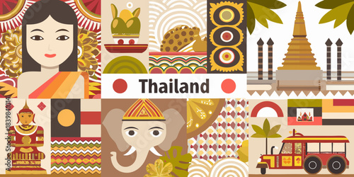 A colorful collage representing thai culture landmarks and traditional elements