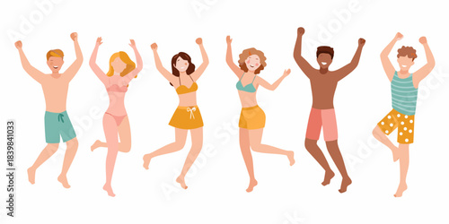 Joyful group of diverse people jumping with arms raised in celebration