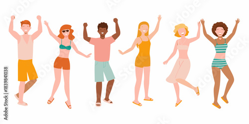 Diverse group of people celebrating with arms raised in a joyful moment