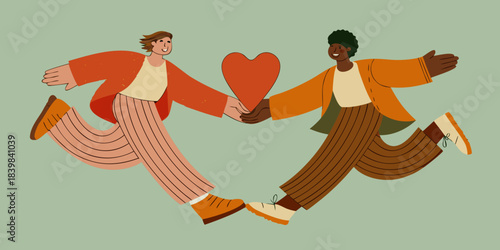 Two people running together sharing a heart shaped symbol of affection