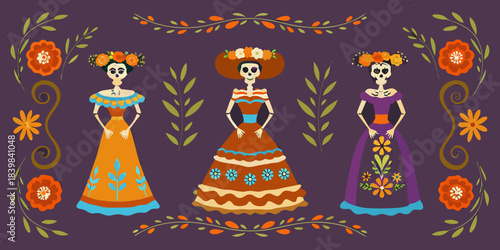 Elegant la catrina dolls adorned with flowers and vibrant traditional dresses