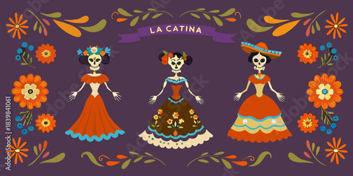 Colorful day of the dead inspired artwork featuring sugar skull ladies and flowers