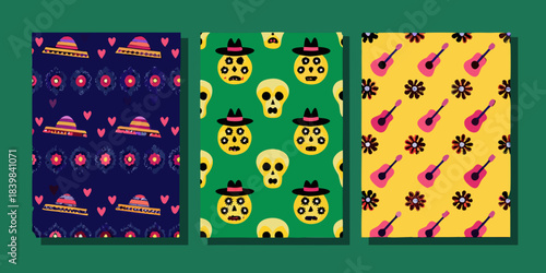 Colorful patterned backgrounds featuring sombreros skulls and guitars