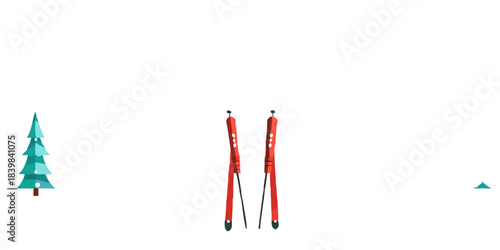 Minimalist winter scene featuring skis trees and a snowy landscape