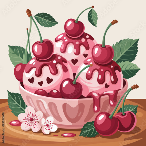 Delicious pink cherry ice cream sundae with fresh cherries and blossoms
