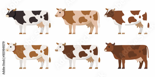 A colorful collection of cartoon cows in various shades and patterns