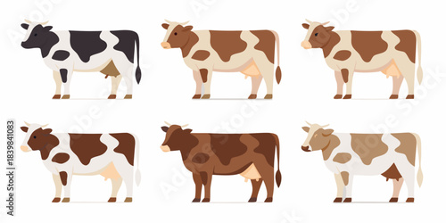 A collection of cartoon dairy cows in various brown and black patterns