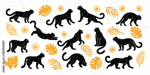 Black panther silhouettes amidst tropical foliage and scattered golden floral elements