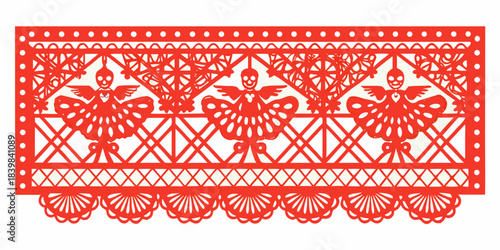 Intricate red papel picado banner with skull and butterfly designs