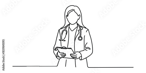 Female doctor with stethoscope and clipboard line art drawing