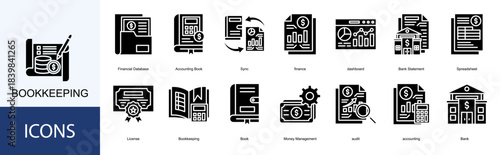 Bookkeeping icon collection set. Containing Financial Database, Accounting Book, Sync, finance, dashboard, Bank Statement icon