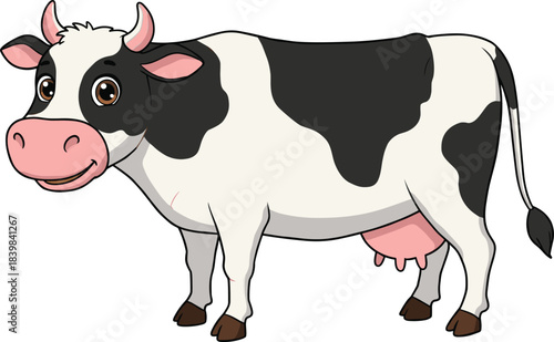 Happy cartoon dairy cow with black and white spots, cute farm animal for milk production and agriculture, cad drawing flat vector illustration