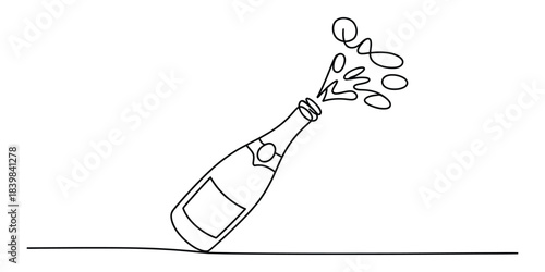Champagne bottle popping cork continuous line art drawing