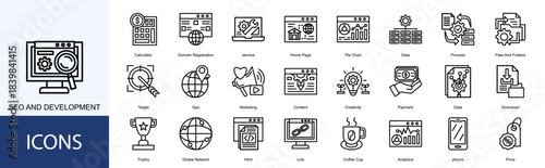 Seo and Development icon collection set. Containing service, Home Page, Pie Chart, Data, Process, Files And Folders, Target icon